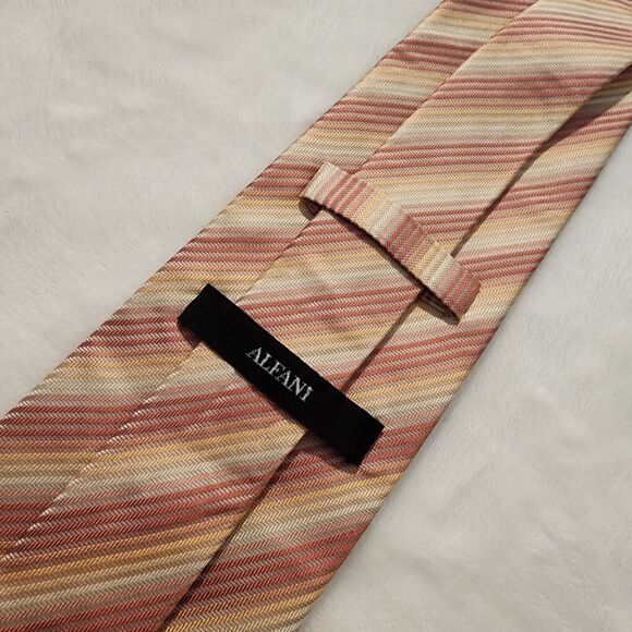 Alfani 100% Silk Neck Tie Earthtone Fall Colors Stripes Orange Salmon Cream - Picture 5 of 6